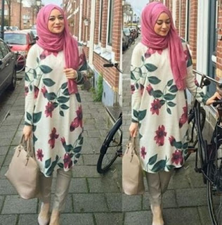 Tunik batik kombinasi hijab modern