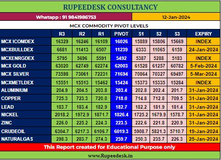 Mcx Commodity Pivot Levels - Rupeedesk Reports - 12.01.2024