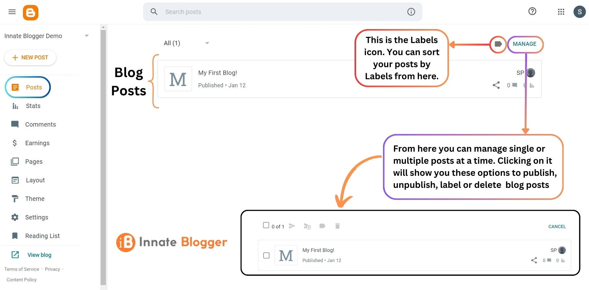 Blogger Dashboard Post Section Guide Infographic