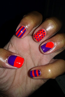 Neon, orange, purple, essie, stripes, polka dots, nail art, mani