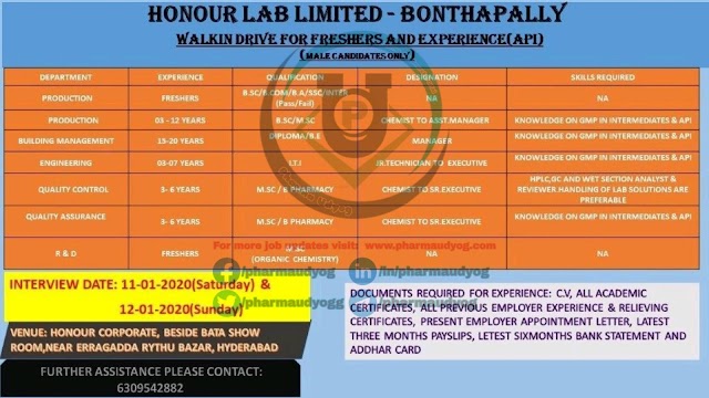 Honour Labs|  Walk-in for Multiple Departments on 11&12 Jan 2020 | Pharma Jobs in Hyderabad