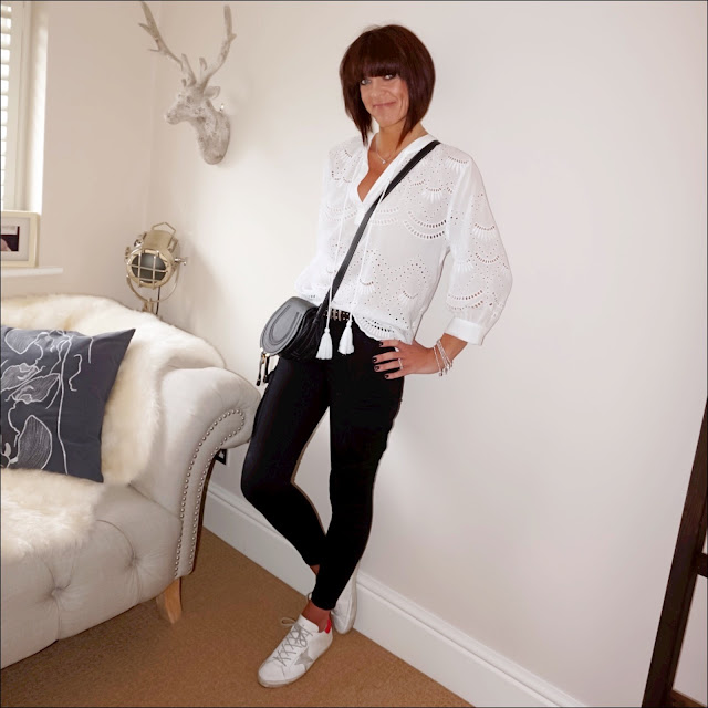 My midlife fashion, golden goose superstar low top leather trainers, twist and tango combat trousers, monsoon ivy schiffli blouse, chloe marcel cross body bag, the kooples studded belt