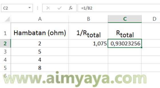  Gambar: Menghitung Resistor pada rangkaian Paralel dengan menggunakan microsoft excel