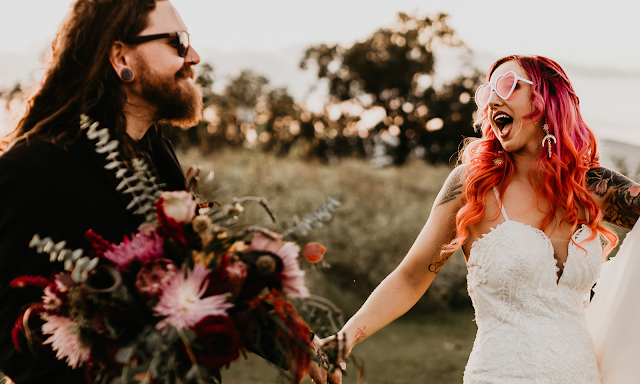 redhead bride dreadlocks indie wedding sunset