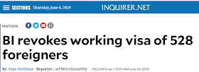 The Immigration Bureau has carried out its biggest alien visa cancellation for foreign workers.    Many of them have been found working in the country with fraudulent visas following the agency’s intensified crackdown illegal aliens in the Philippines.        Ads    According to Immigration Chief Jaime Morente, six companies were placed under post-auditing of visas and found that some of their foreign workers submitted fake Alien Employment Permits (AEP). AEP is an important requirement for foreign workers.  “I have directed the intelligence division to conduct a case build-up against said companies after receiving information that they have petitioned foreign nationals by submitting fake documents,” said Morente.  However, Morente did not mention the name of the companies. He said the companies were from Manila, Paranaque, and Caloocan, and were involved in consultancy, residential sales, tutorial, and information technology.    Ads      Sponsored Links    Among the aliens whose visa were canceled are 259 Indians, 230 Chinese, 14 Koreans, 11 Japanese, 5 Taiwanese, 3 Vietnamese, and a German, Burmese, Nigerian, Nepalese, Sudanese, and a Yemeni.    “The BI, through the Intelligence Division, is revitalizing its campaign of eradicating illegal foreign workers in the country,” Morente added.    These 528 foreigners will be blacklisted and deported immediately.      ©2019 THOUGHTSKOTO