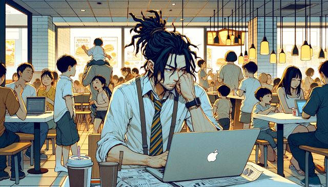 Illustrate a scene capturing the day of a Japanese man with dreadlocks, dressed casually, as he attempts to work on his laptop in a bustling fast food restaurant, possibly a McDonald's, surrounded by the noisy ambiance of children and families. The setting is daytime, emphasizing his struggle to concentrate amidst the chaos. Reflect a mood of mild frustration or contemplation, possibly with him pausing to glance around or rub his temples. The style should be simple and minimalistic, conveying the atmosphere of the scene with just enough detail to communicate the setting and the man's state of mind.