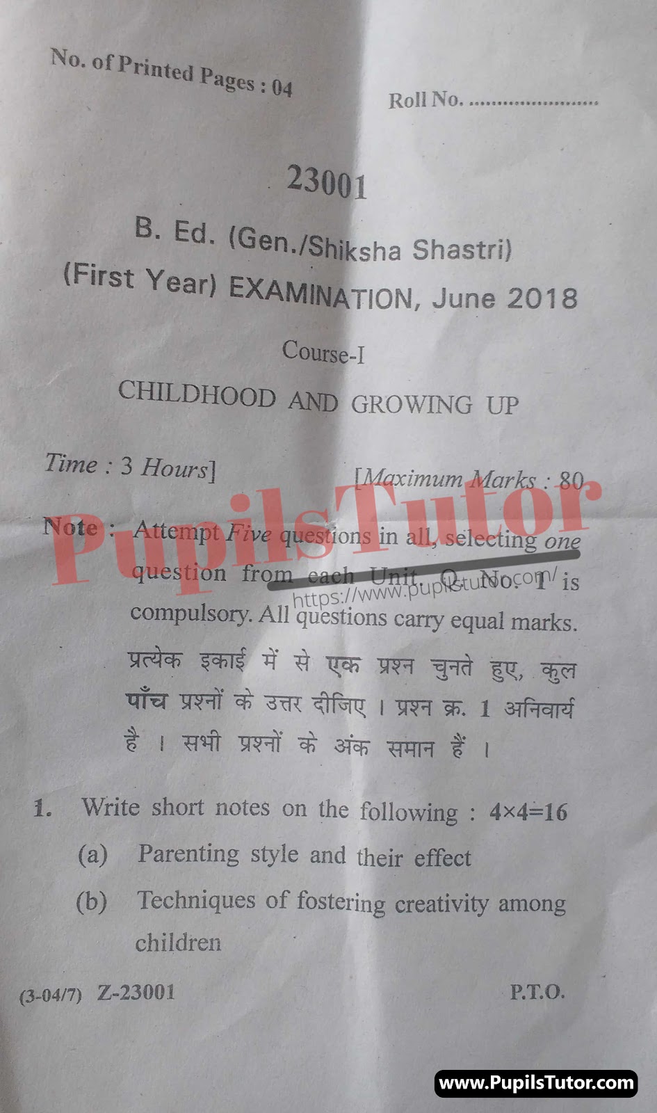 CRSU (Chaudhary Ranbir Singh University, Jind Haryana) BEd Regular Exam First Year Previous Year Childhood And Growing Up Question Paper For June, 2018 Exam (Question Paper Page 1) - pupilstutor.com