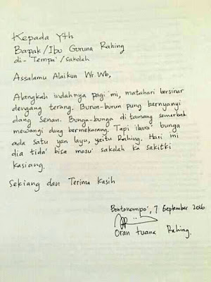 Surat Izin Tidak Masuk Sekolah dari Orang Tua Siswa Ini Bikin Heboh Netizen