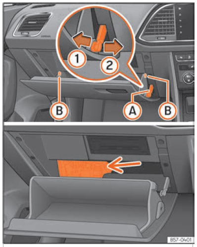 glove compartment (right hand drive): fuse box access