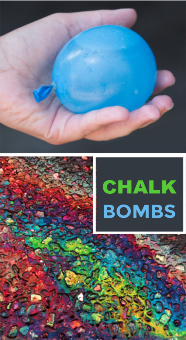 Make colorful rainbows all over the pavement using this easy chalk-filled balloon recipe for play. #chalkart #chalkpaint #chalkfilledballoons #chalkballoonsforkids #sidewalkpaintrecipe #growingajeweledrose #activitiesforkids