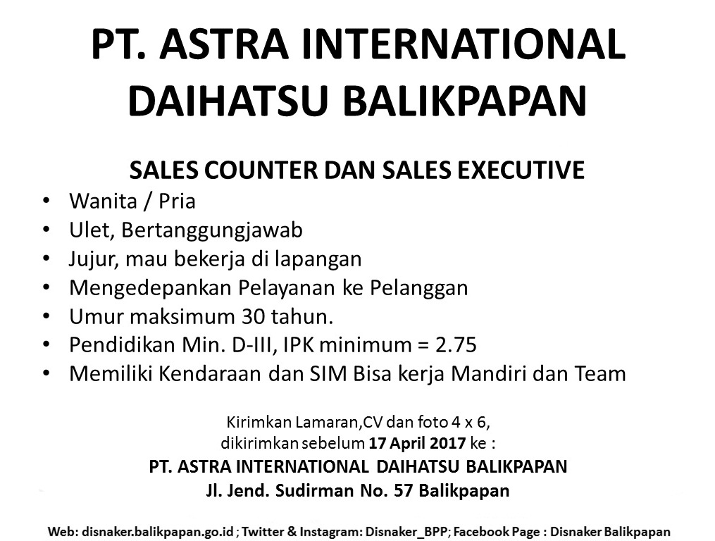 Lowongan PT. ASTRA INTERNATIONAL DAIHATSU BALIKPAPAN - Job 