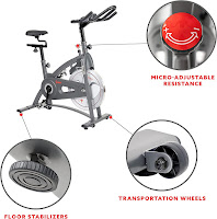 Sunny Health & Fitness SF-B1877 Endurance & Smart Indoor Cycle features: micro-adjustable resistance knob/push down brake, front-mounted transport wheels, adjustable floor stabilizers, image