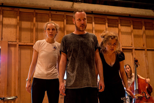 Rehearsal shot taken during the Aldeburgh Music Residency, featuring Louisa Hollway, William McGeough and Héloïse Werner.  Photo: Sam Murray-Sutton