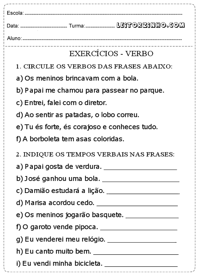 Atividades de Português 4° Ano - Verbos — SÓ ESCOLA