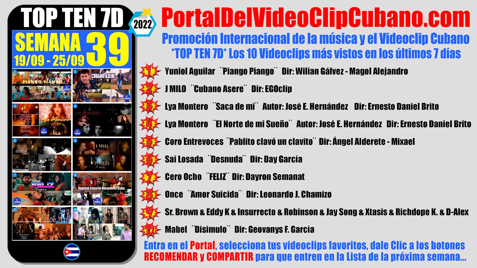 Artistas ganadores del * TOP TEN 7D * con los 10 Videoclips más vistos en la semana 39 (19/09 a 25/09 de 2022) en el Portal Del Vídeo Clip Cubano