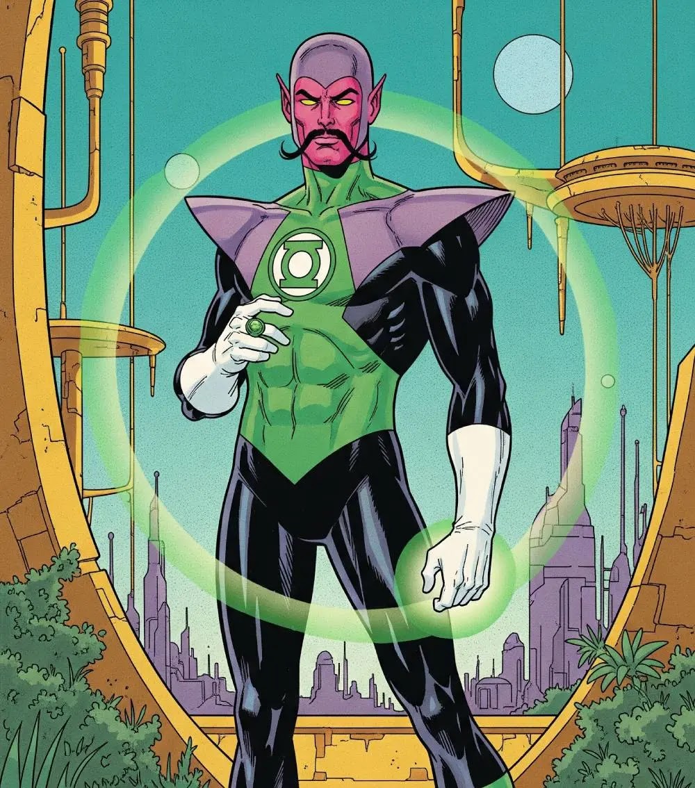 Young Thaal Sinestro as a noble Green Lantern, with Korugar in the background.