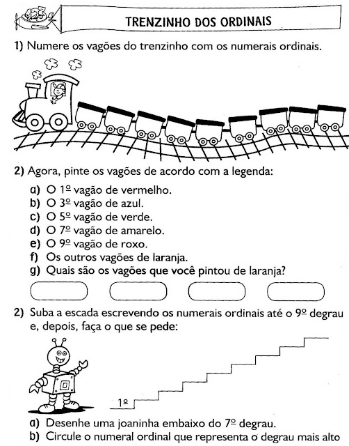 Atividades com números ordinais para alfabetização