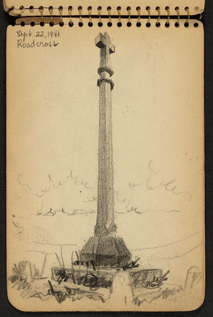 21-Year-Old WWII Soldier’s Sketchbooks Show War Through The Eyes Of An Architect - Monument With Christian Cross Atop, Probably In Manche, France
