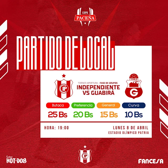 Este Lunes tenemos una cita, juntos entraremos a la cancha en busca de una victoria en nuestra casa.  🎟️ VENTA DE ENTRADAS Independiente 🆚 Guabirá  🔴 Butaca 25Bs 🟢 Preferencia 20Bs 🟠 General 15 Bs 🔵 Curva 10 Bs  🏟 Estadio Olímpico Patria 🗓️ Lunes 8 de Abril ⏰ 19:00 P.M.  ¡Prepárate para vivir una noche llena de emociones