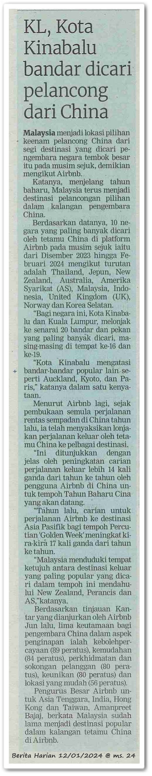 KL, Kota Kinabalu bandar dicari pelancong dari China | Keratan akhbar Berita Harian 12 Januari 2024