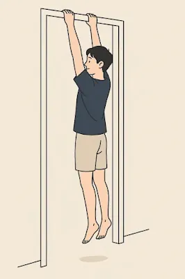 문틀에 매달려 척추를 스트레칭하는 남성 일러스트