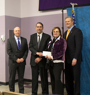  left-right are:  Secretary of Housing and Economic Development Mike Kenneal, Tri-County Regional Vocational Technical High School Metal Fabrication Instructor Robert Pierangeli, Tri-County Regional Vocational Technical High School Vocational Director Cathy Rebelo, Governor Charlie Baker