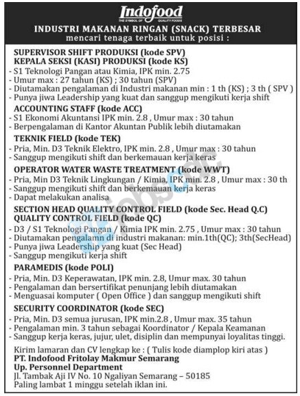 PT Indofood Fritolay Makmur - Recruitment Semarang 