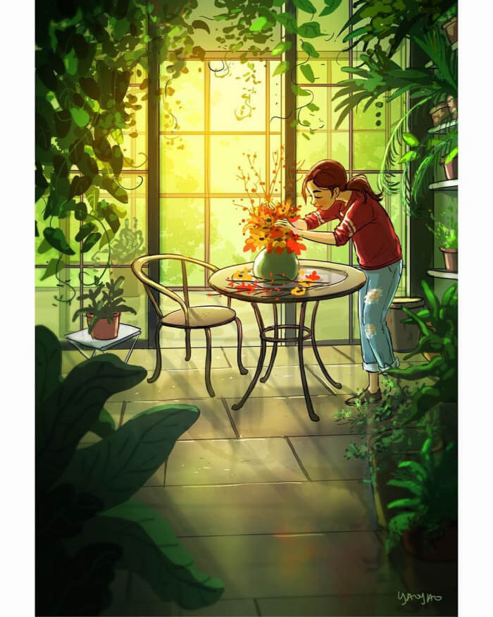 The Freedom of Living Alone in 16 Fascinating Drawings - Decorate your apartment with your favorite flowers.