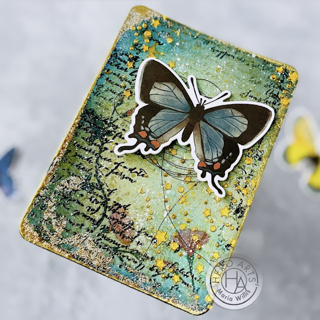 Cardbomb, Maria Willis,Hero Arts,My Monthly Hero  February 2023, MMH, mixed media, butterflies, art, color, sprays, DIY, handmade,Hero Wax, stamps, stencils, rub-ons, die cutting