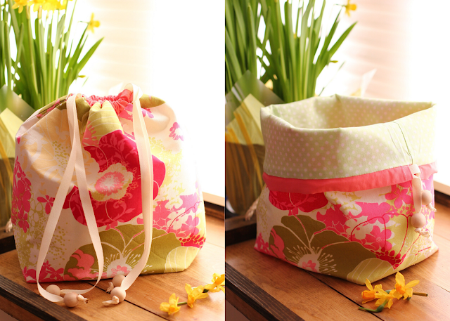 Two image collage of a drawstring bag that's pink and chartreuse floral with natural ribbons that have natural wooden ball beads at the ends secured with a knot. Left image the bag is drawn closed. Right image the bag is open with the top folded down. The interior lining fabric is a light green with mini white polka dots. The channel for the ribbon is in a contrast coral fabric.