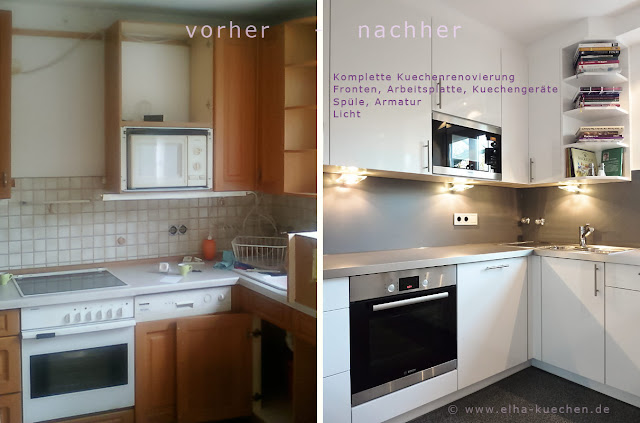 Eine komplette Renovierung und Modernisierung einer älteren, aber gut erhaltenen Küche. Neuer Boden, neue Arbeitsplatte und Rückwand im selben Material wie die Arbeitsplatte, perfekte Beleuchtung, Abkofferung über den Oberschränken und über dem Fenster, neue moderne Küchengeräte, Backofen, Mikrowelle, autarkes Kochfeld vor dem Fenster mit Blick in den Garten. Neue Hochglanzfronten mit edlen Griffen. Die weißen Fronten reflektieren sehr schön das Licht und lassen die Küche größer , heller, freundlicher und gemütlicher erscheinen. Die alte Küche sieht wieder aus wie neu.