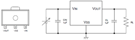 Hình dáng IC và sơ đồ nguyên lý của mạch ổn áp, điện áp vào VIN  không ổn định và điện áp ra VOUT sau IC ổn áp là điện áp ổn định