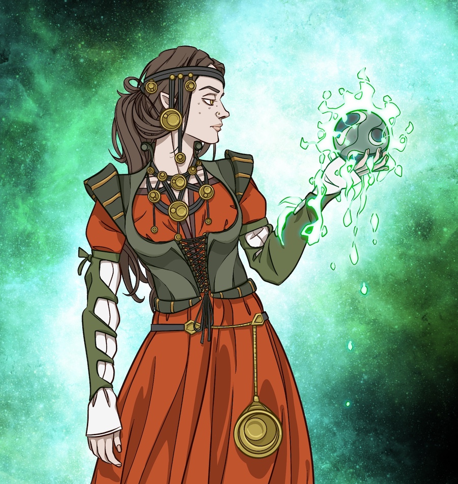 A profile of a brown-haired, almond-eyed woman looks at a green-glowing crystal ball held up in front of her. She's dressed in an orange-red gown with a green suede bodice. A number of golden medallions hang from leather straps from her neck and headband, with one larger medallion hanging from a fine chain from a belt around her hip.