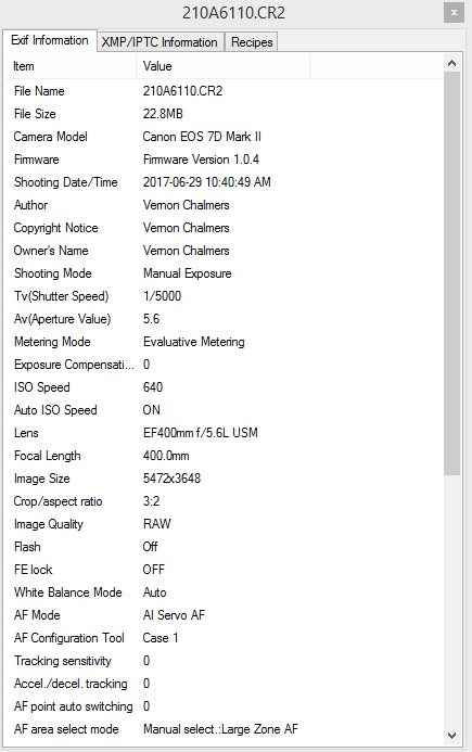 EXIF Data as displayed in the Canon's Digital Photo Professional Post-Processing Software (Canon EOS 7D Mark II):