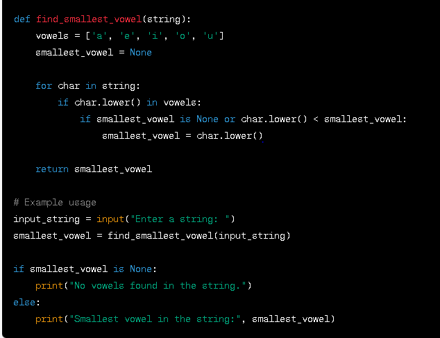 what is a program to print the smallest vowel in a given string in python?