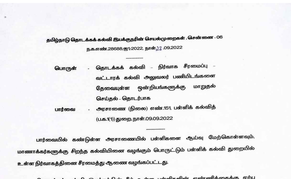  நிர்வாக சீரமைப்பு காரணமாக வட்டார கல்வி அலுவலர் பணியிடங்களை தேவையுள்ள ஒன்றியங்களுக்கு மாறுதல் செய்து தொடக்கக் கல்வி இயக்குநர் உத்தரவு!!!