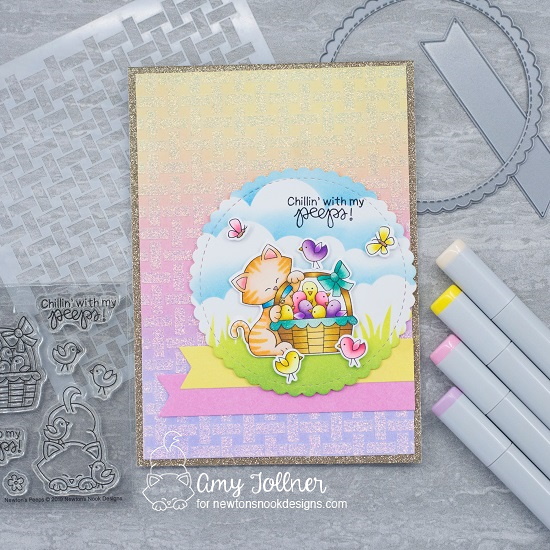 Chillin' with my peeps by Amy features Basketweave, Newton's Peeps, Clouds, Hills & Grass, Newton's Birdbath, and Frames & Flags by Newton's Nook Designs; #newtonsnook, #inkypaws, #catcards, #cardmaking, #eastercards, #springcards