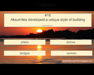 Aksumites developed a unique style of building _____. Answer choices include: pillars, domes, bridges, tunnels
