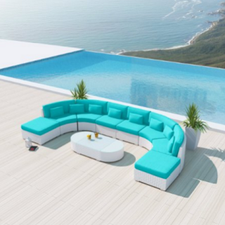 Uduka Vienna 9pcs Outdoor Turquoise Round Sectional Patio Furniture White Wicker Sofa Set All Weather Couch