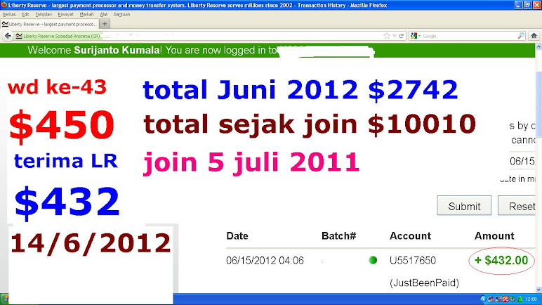 WD ke-43 $450 14 juni 2012, total wd $10010 sejak join 5 juli 2011
