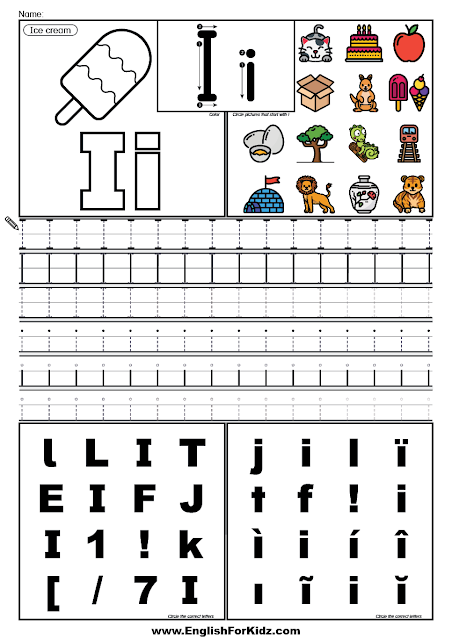 ABC learning worksheet, letter I tracing