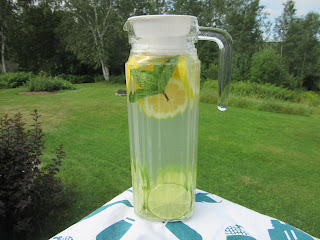 Lemon Flavoured Water in a jug outside.