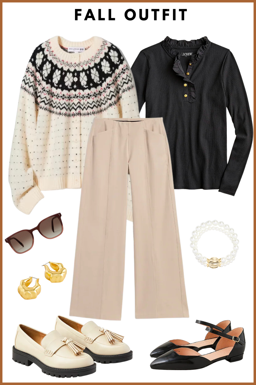 fall work outfit with cardigan sweater, wide leg pants, and loafers