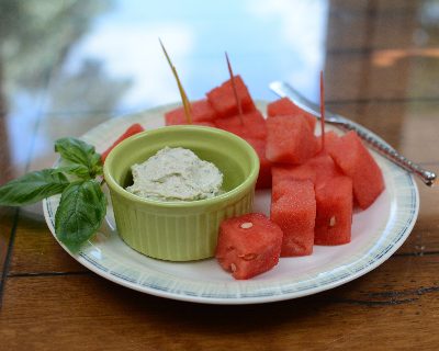 Basil-Cream Cheese Spread ♥ KitchenParade.com, a garlicky spread, alive with fresh basil, my budget-friendly substitute for Boursin. Especially good with watermelon.