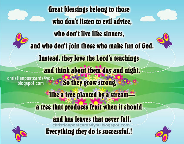 Christian Postcard Great Blessings to you. free cards, Psalm 1 in image, God bless you for sharing with facebook friends. Great blessings belong to those who love the Lord’s teachings