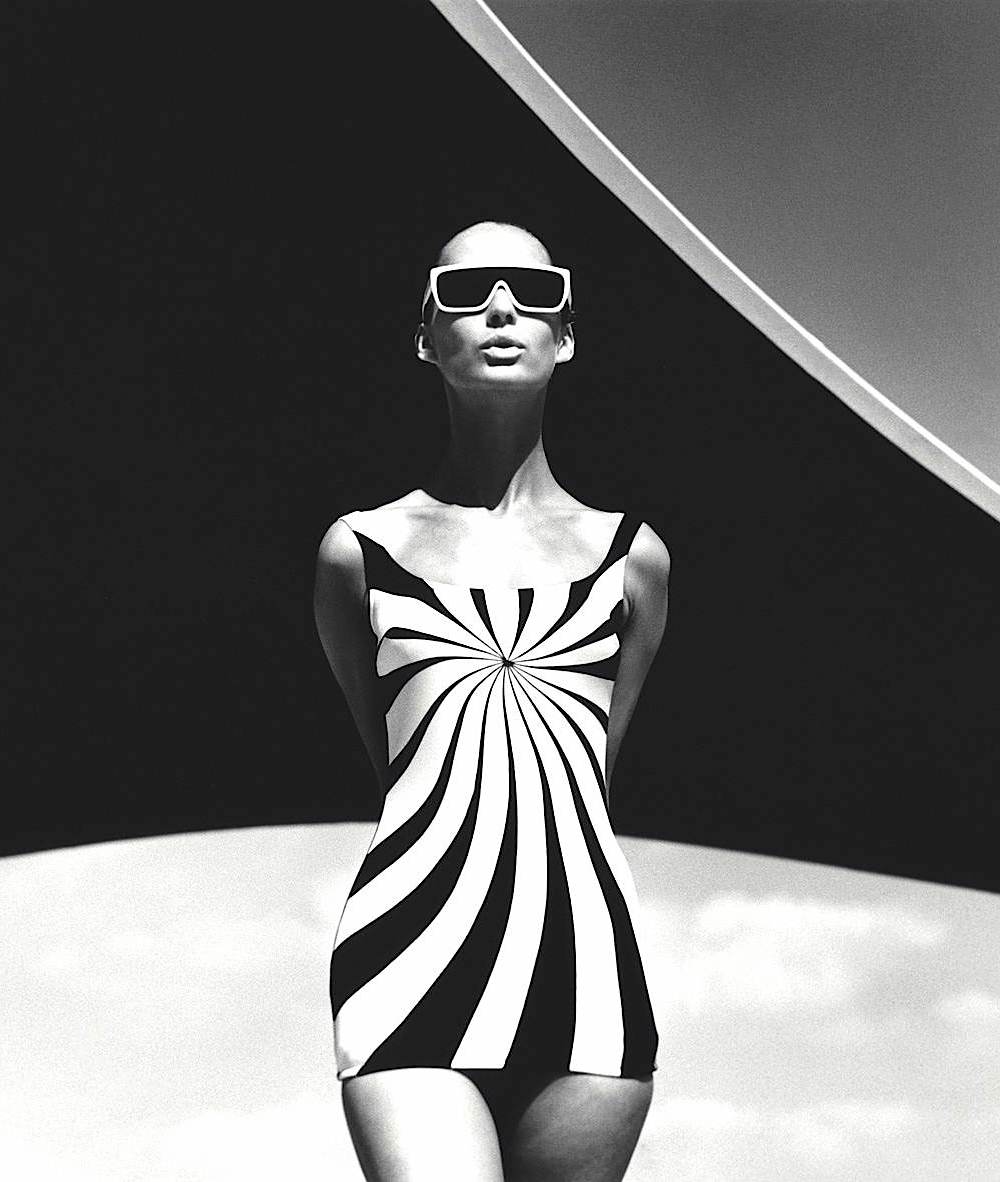 an F.C. Gundlach photo 1966, op-art sun swimsuit, 1966 fashion model