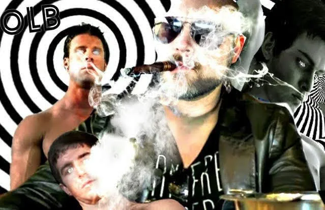 PPPimp Digital erotic art of sexy bald man wearing sunglasses and black leather blazer with smoke hypnotizing three guys with cigar hypnosmokeand spiral in the background created by Oregonleatherboy