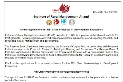 IRMA RBI Chair Professor Bharti 2022 Apply