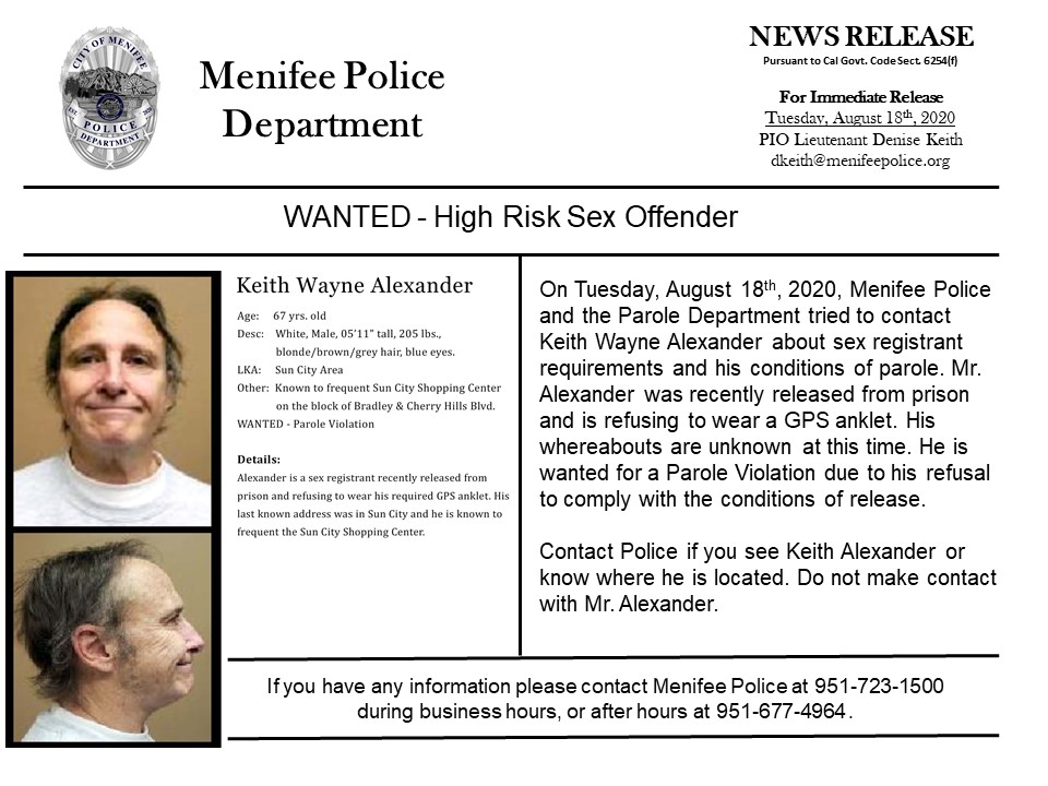 Menifee Police Attempting To Locate High Risk Sex Offender Menifee 24 7 - sex offender shuffle roblox ids