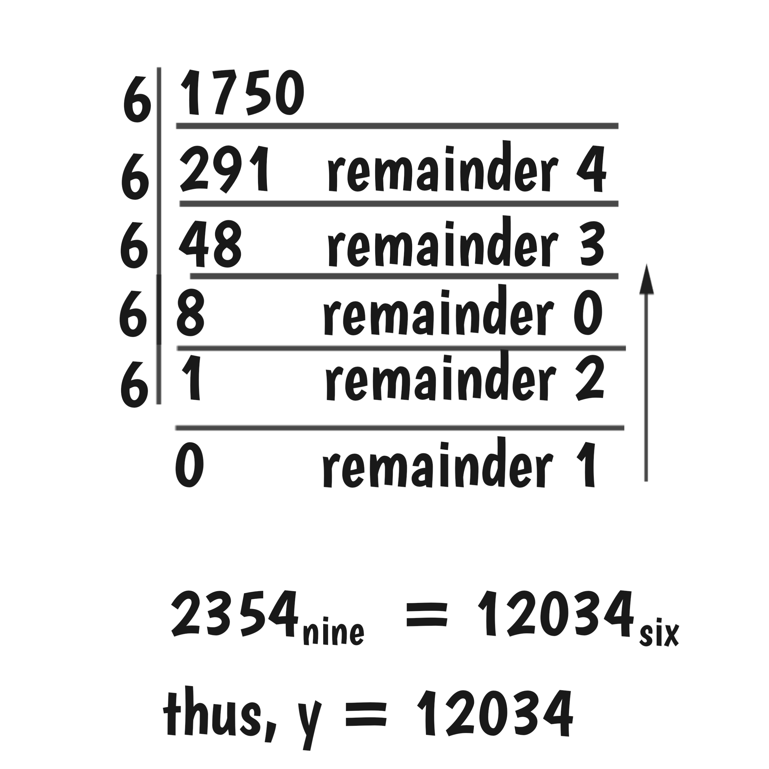 Solution to "If 2354 base nine = "y" base six, find y."